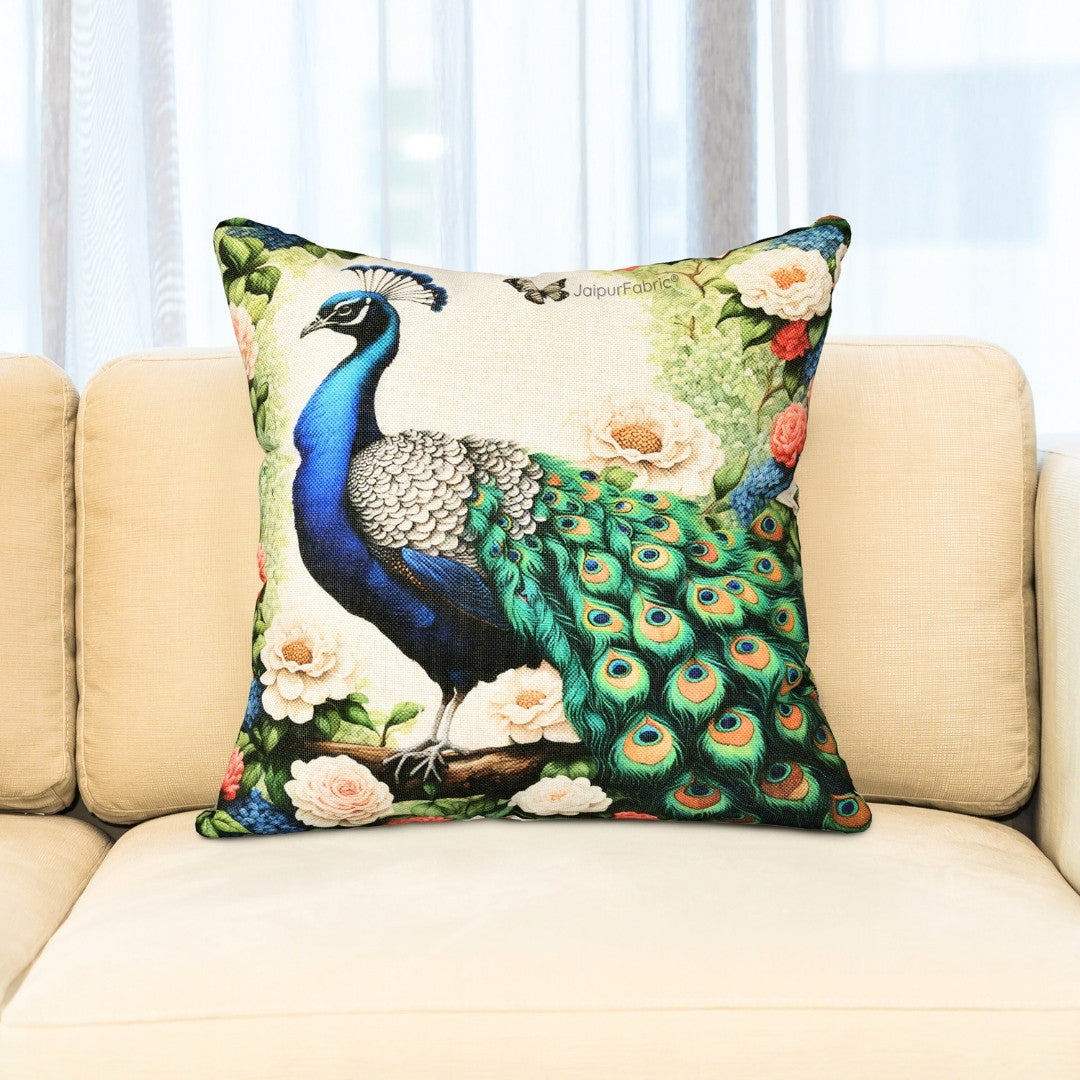 Majesty Grandeur Peacock Print Jute Cushion Cover
