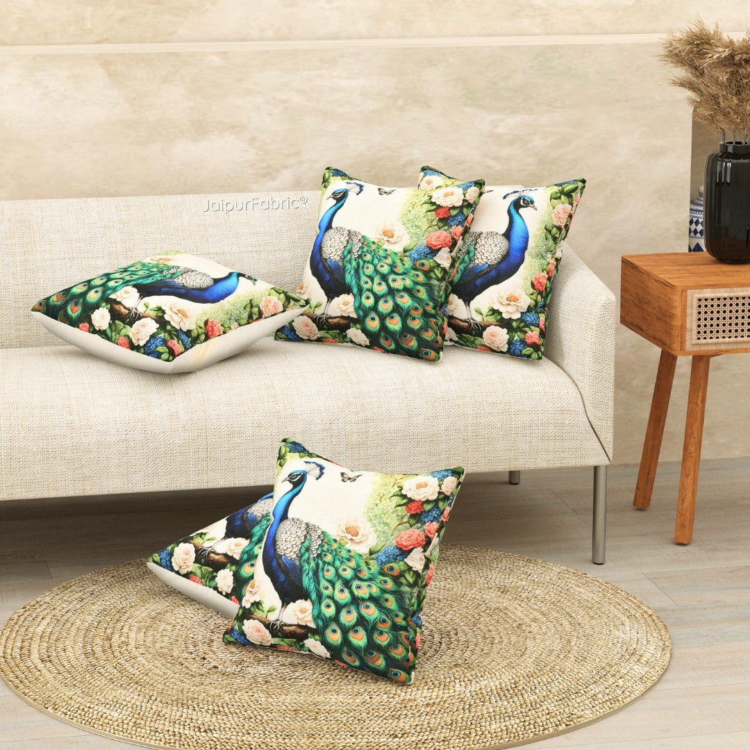 Majesty Grandeur Peacock Print Jute Cushion Cover