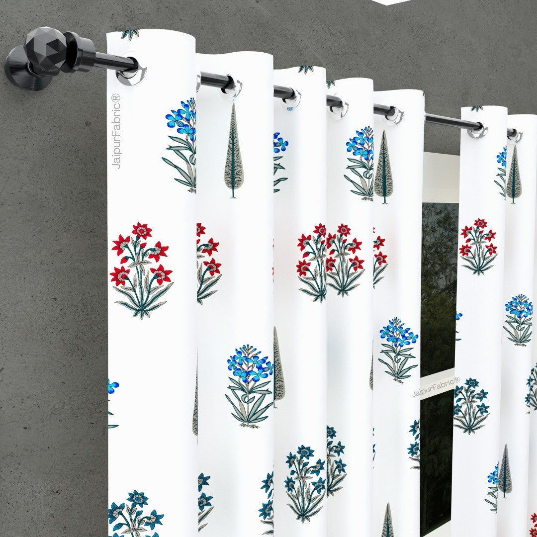 India Blocks of Red Blue Flowers Grey Leaves Block Printed Curtains