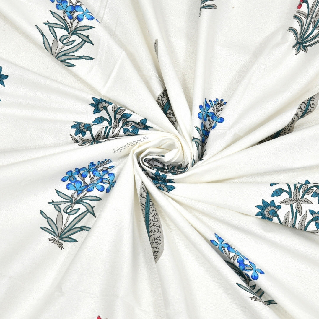 India Blocks of Red Blue Flowers Grey Leaves Block Printed Curtains