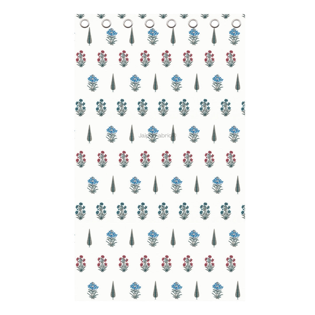 India Blocks of Red Blue Flowers Grey Leaves Block Printed Curtains
