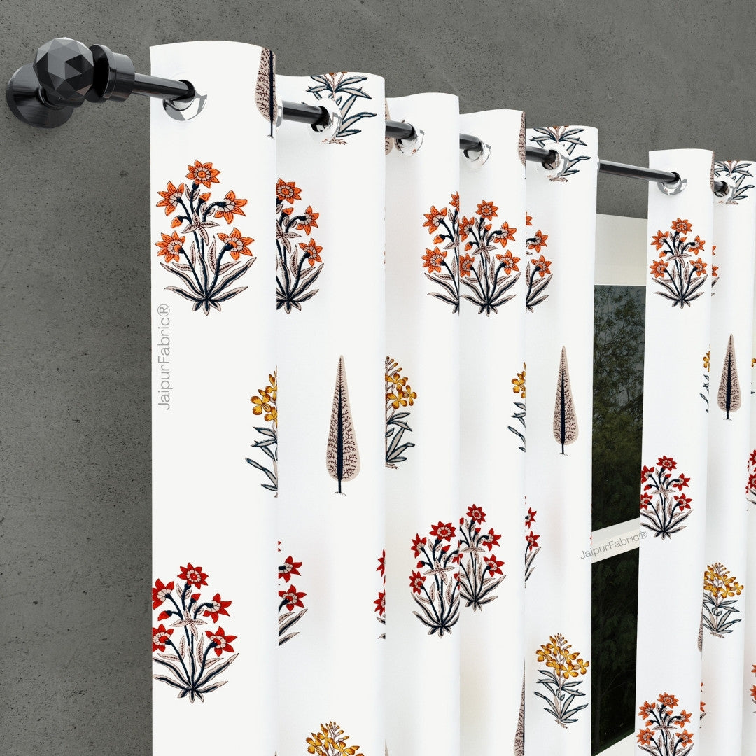 Pink Mustard Flowers Brown Leaves Jaipur Dharohar Boota Print Curtains