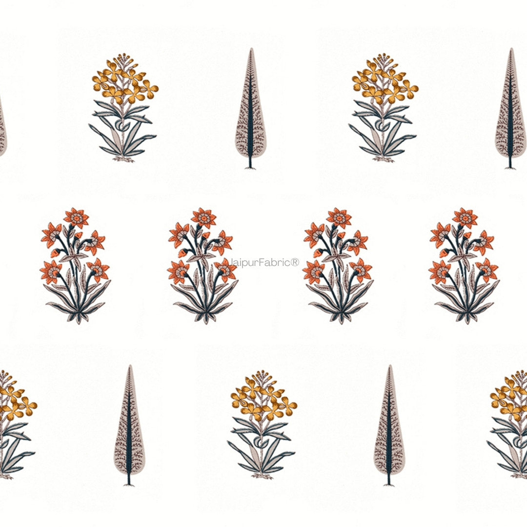 Pink Mustard Flowers Brown Leaves Jaipur Dharohar Boota Print Curtains