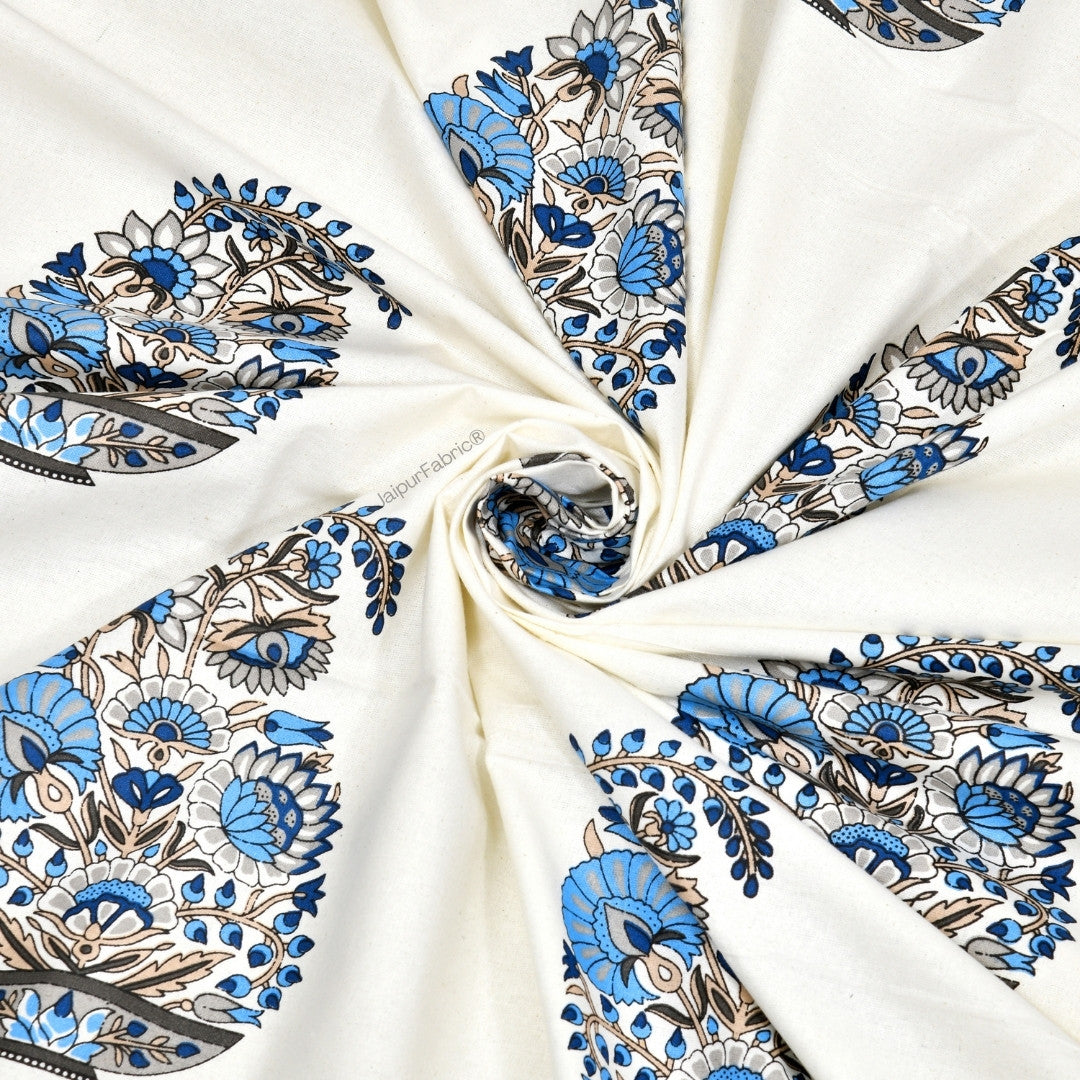 Floral Blue Indian Kairi Design Pinar Block Hand Block Printed Curtains