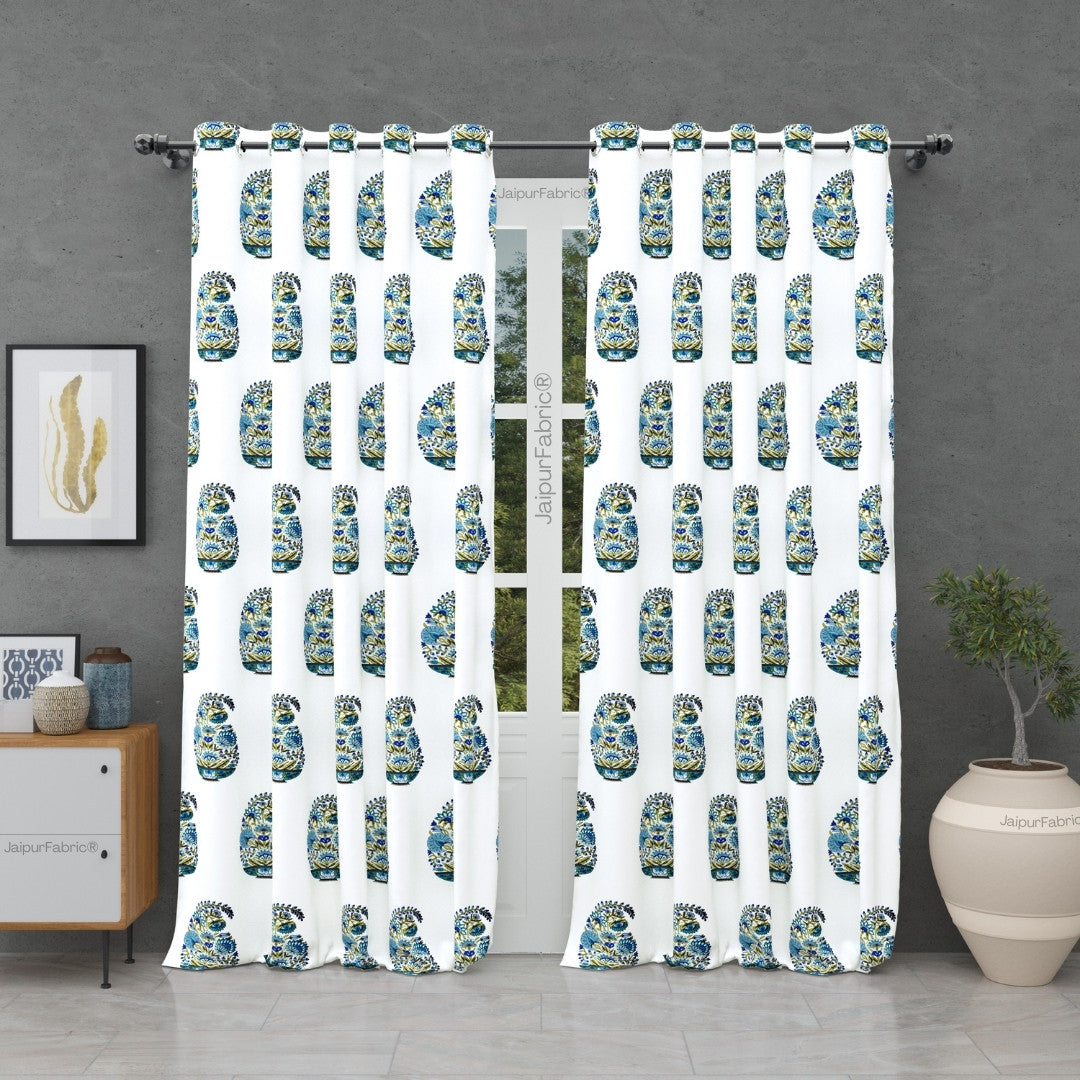 Padma Hand Block Floral Jaipuri Green Kairi Design Curtains Crafted in India