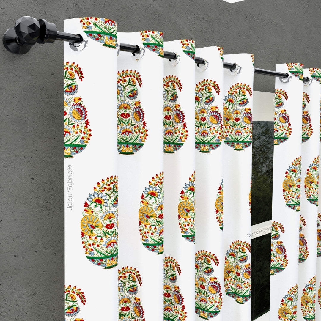 Hand Block Printed Curtains Floral Valley Bunai Pattern Indian Kairi Design Curtains