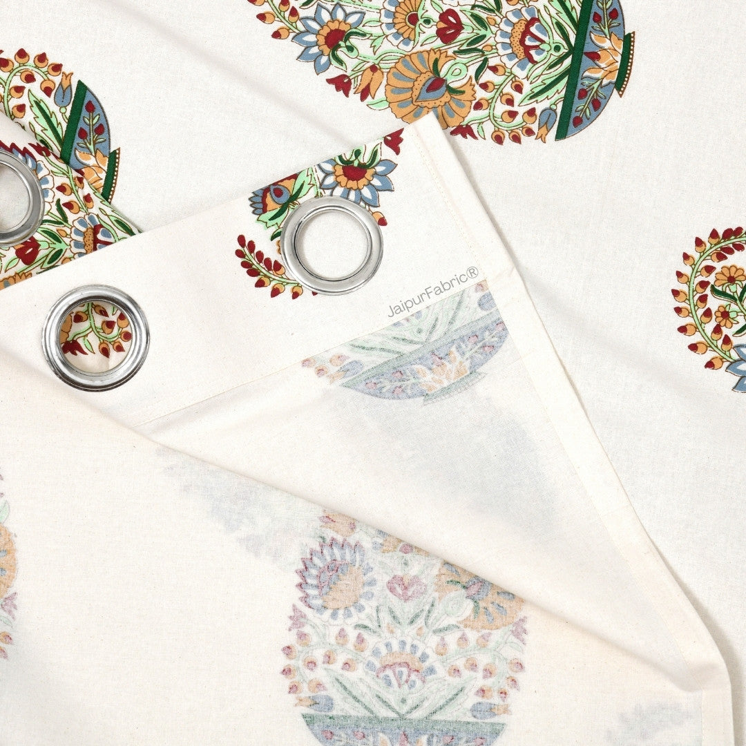 Hand Block Printed Curtains Floral Valley Bunai Pattern Indian Kairi Design Curtains