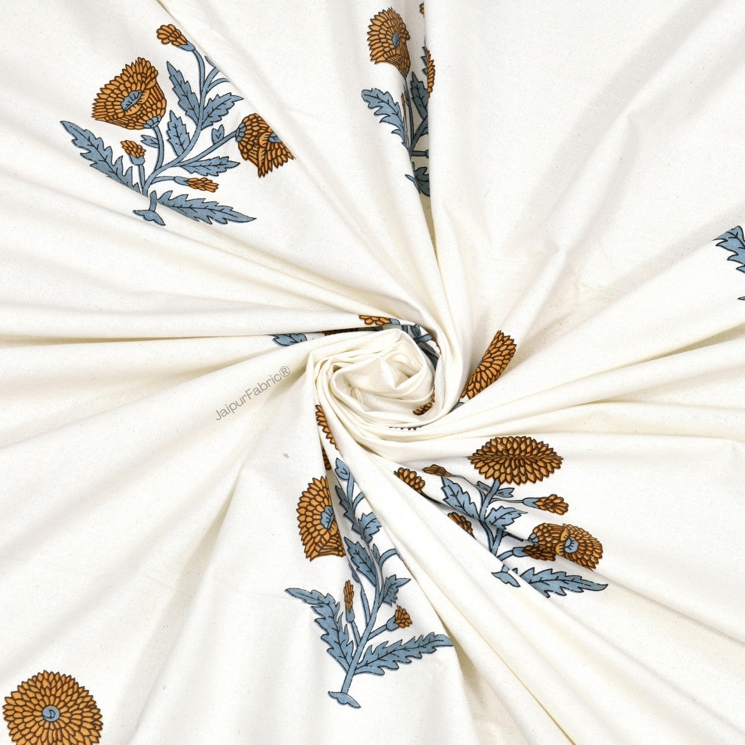 Classic Floral Boota Hand Block Printed Curtains with Marigold Flower and Grey Leaves