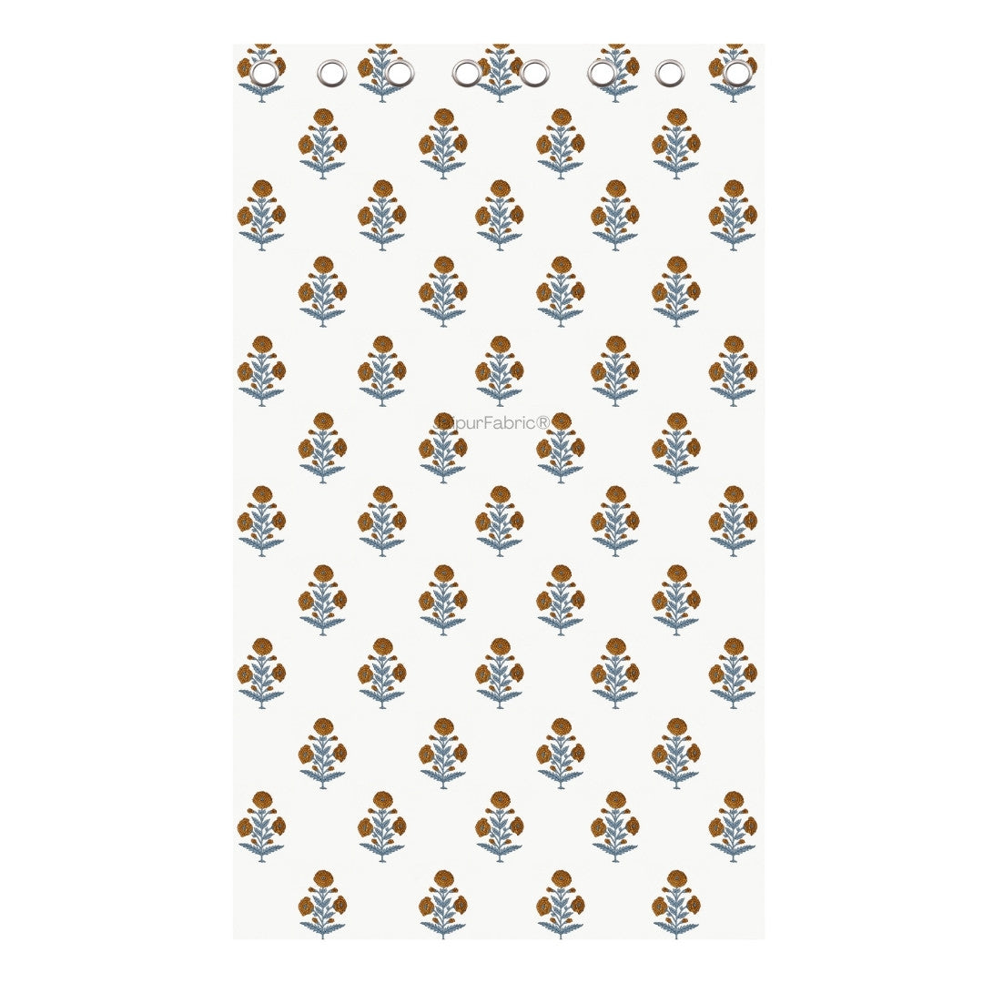 Classic Floral Boota Hand Block Printed Curtains with Marigold Flower and Grey Leaves