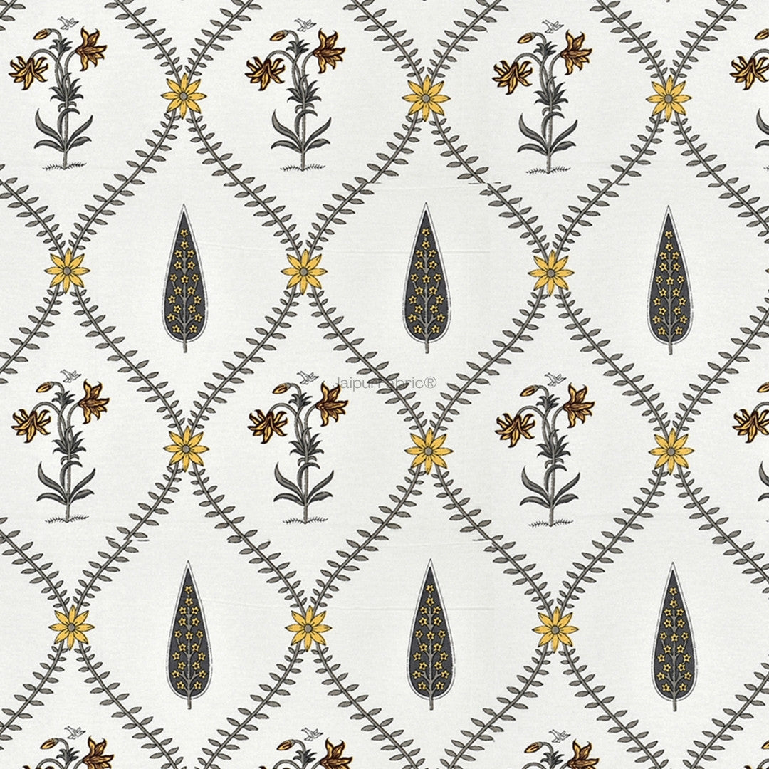 Beautiful Yellow & Grey Pookalam Floral Symphony Rihaa Handblock Printed Curtains