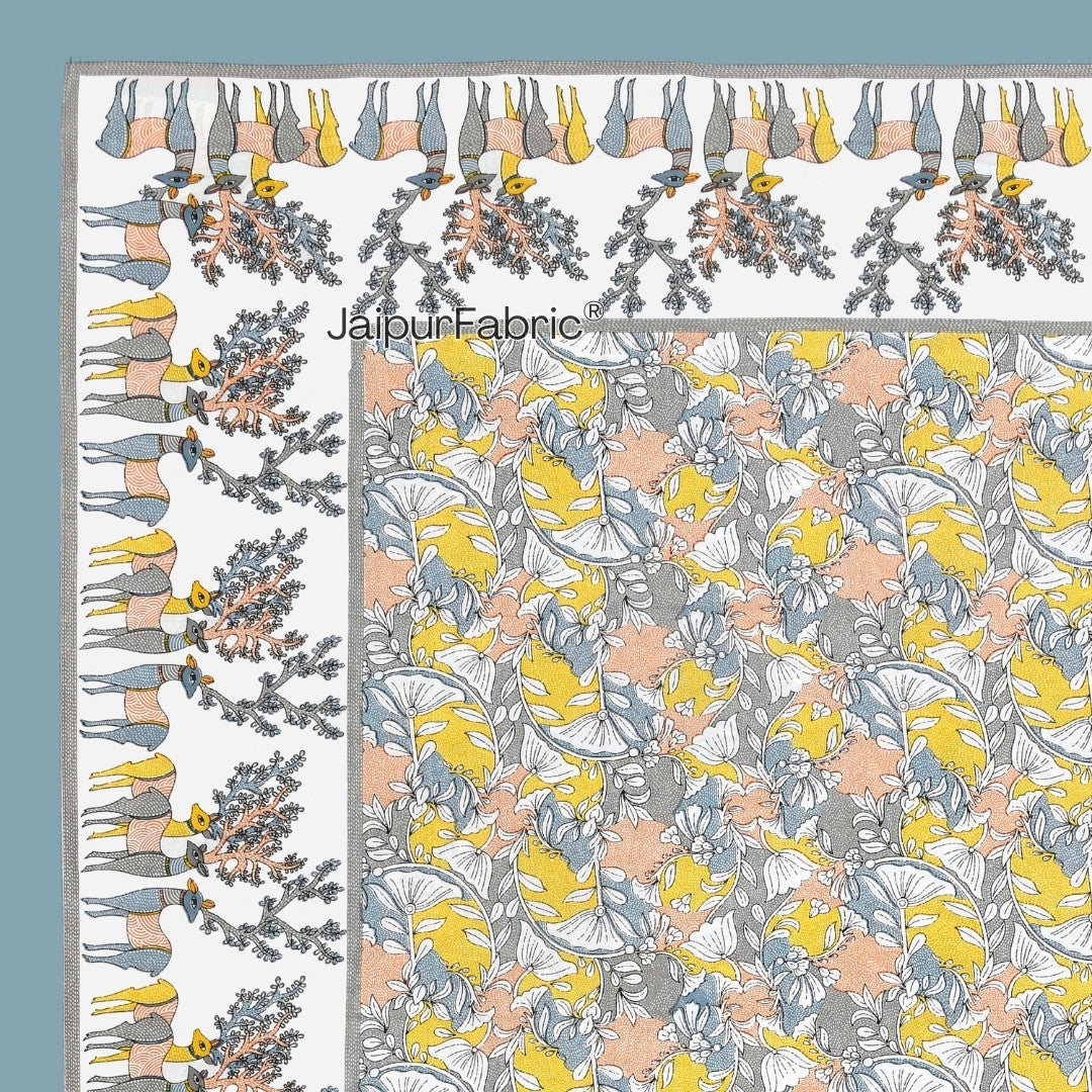 Deer Forest Yellow Pure Cotton King Size Bedsheet