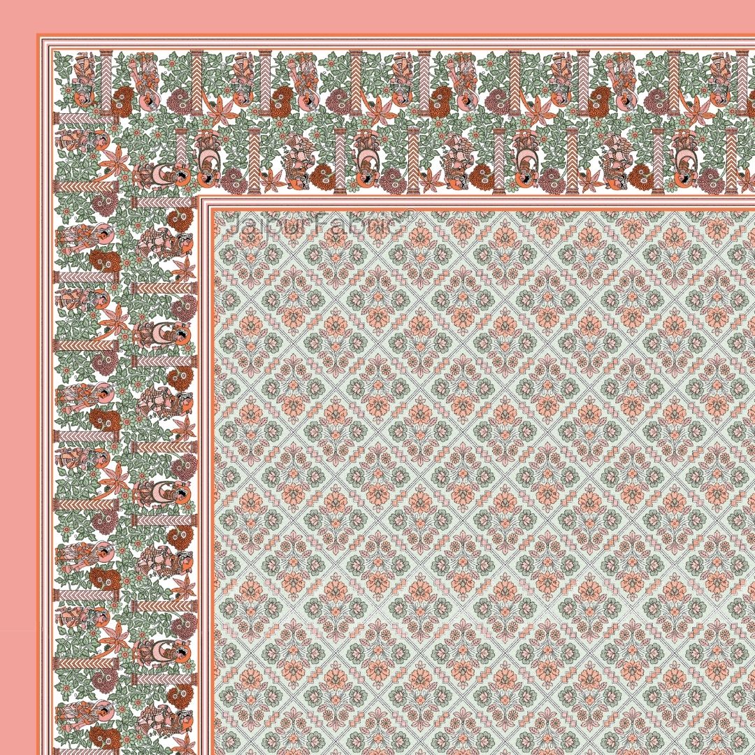 Pattachitra collection Peach and Green Double Bedsheet