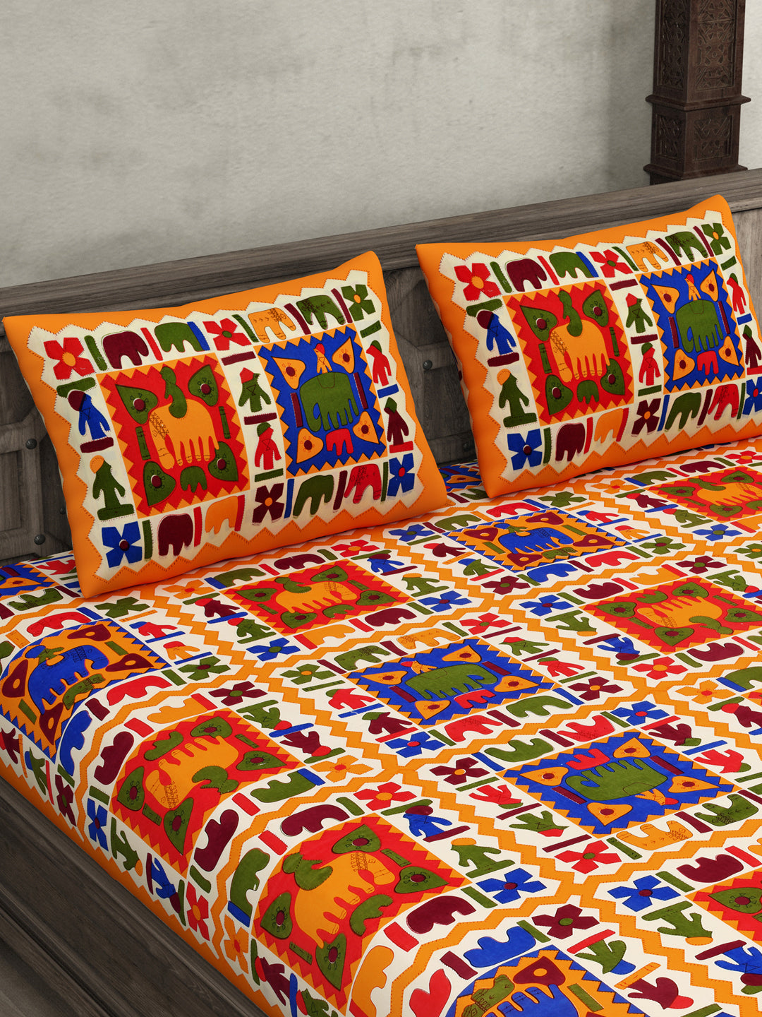 Yellow Border Elephant Pattern Screen Print Double Bed Sheet