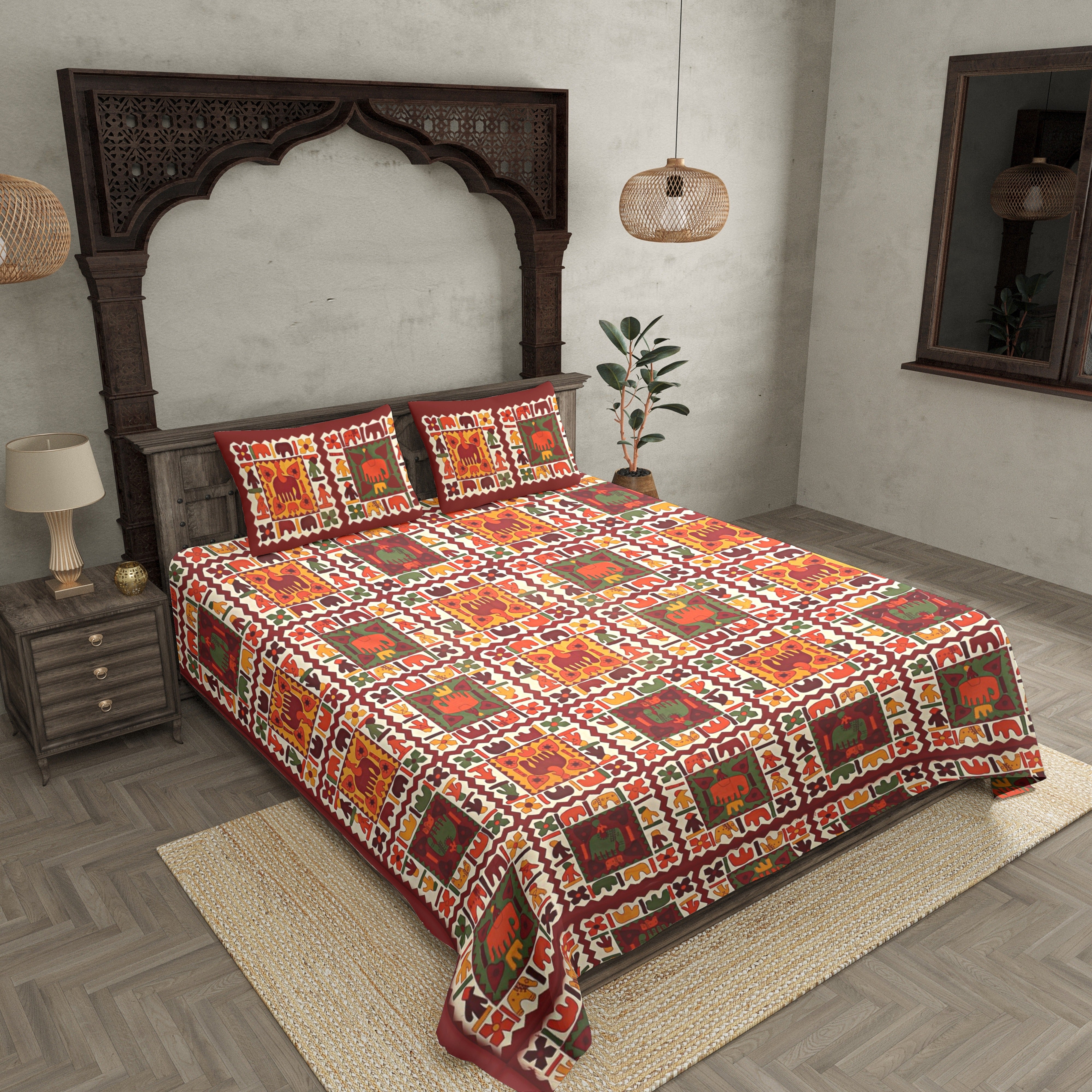Maroon Border Elephant Pattern Screen Print Double Bed Sheet
