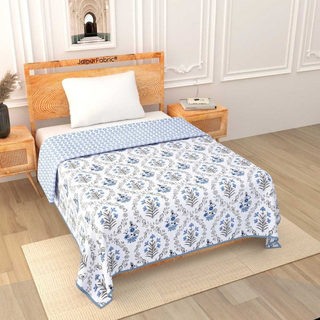 Nebulous Blue Block Print 400 TC Pure Premium MulMul Cotton Single Bed Dohar