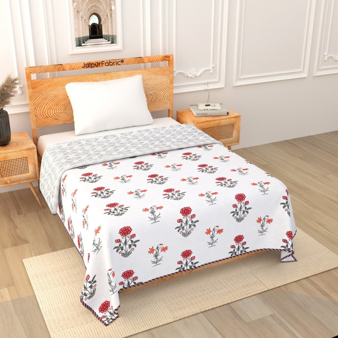 Elegance Cherry Block Print 400 TC Pure Premium MulMul Cotton Single Bed Dohar