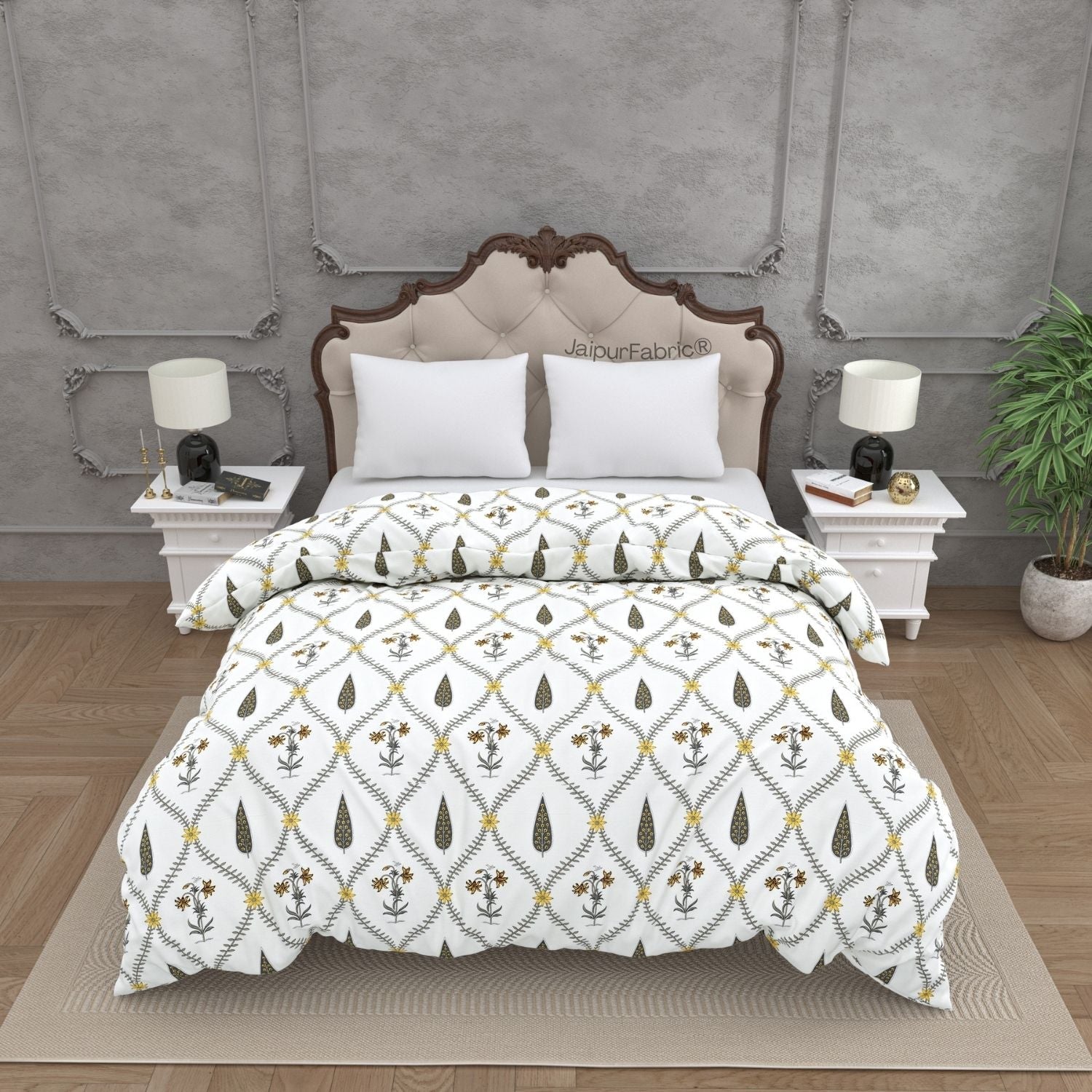 Beautiful Yellow & Grey Pookalam Floral Symphony Rihaa Handblock Printed Double Bed Quilt