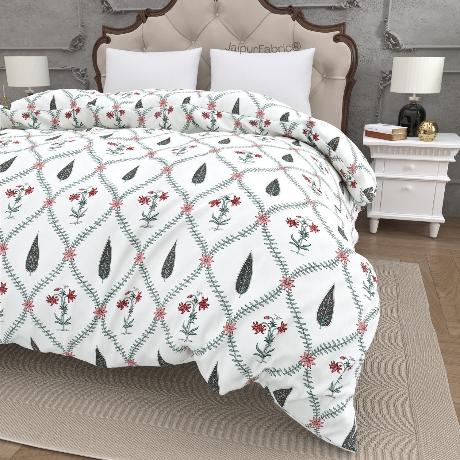 Madhuban Handblock Pink Flowers and Green Leaves Double Bed Quilt