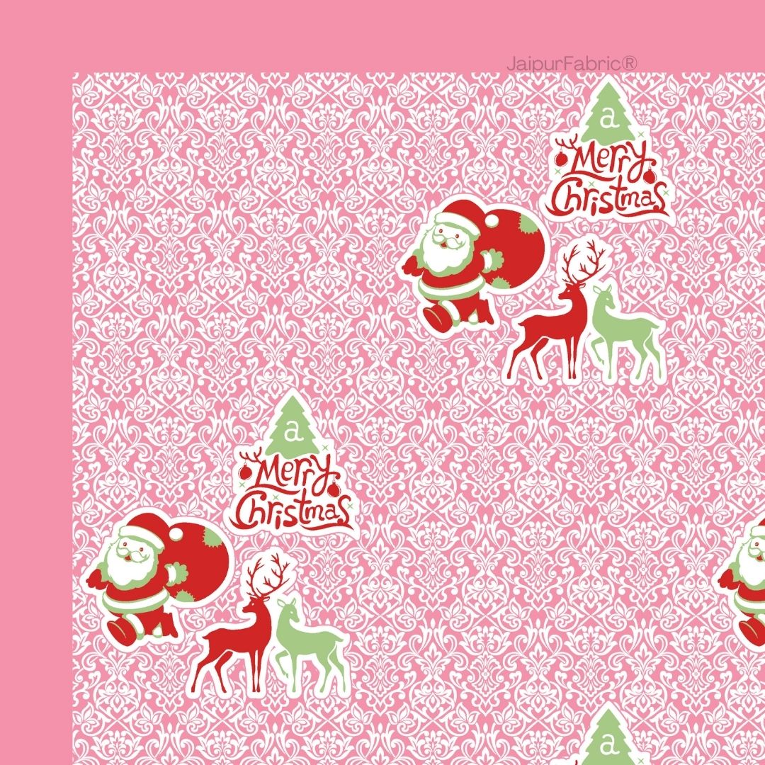 Rosy Pink Magical Ride Santa and Reindeer Blue Cotton King Size Bedsheet