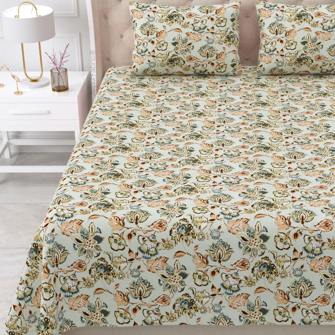 Floral Bliss Emerald Green Pure Cotton King Size Bedsheet