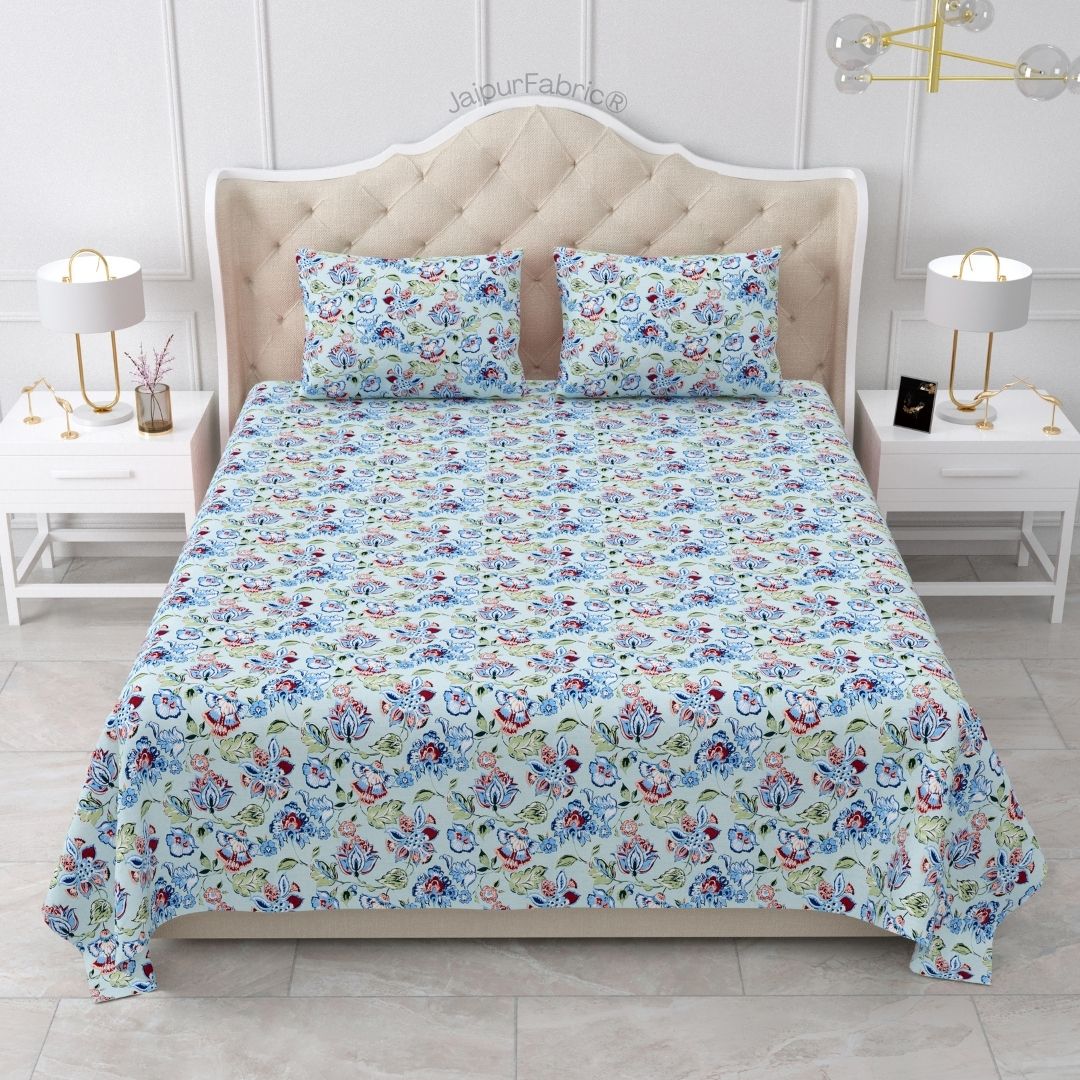 Floral Bliss Sapphire Blue Pure Cotton King Size Bedsheet