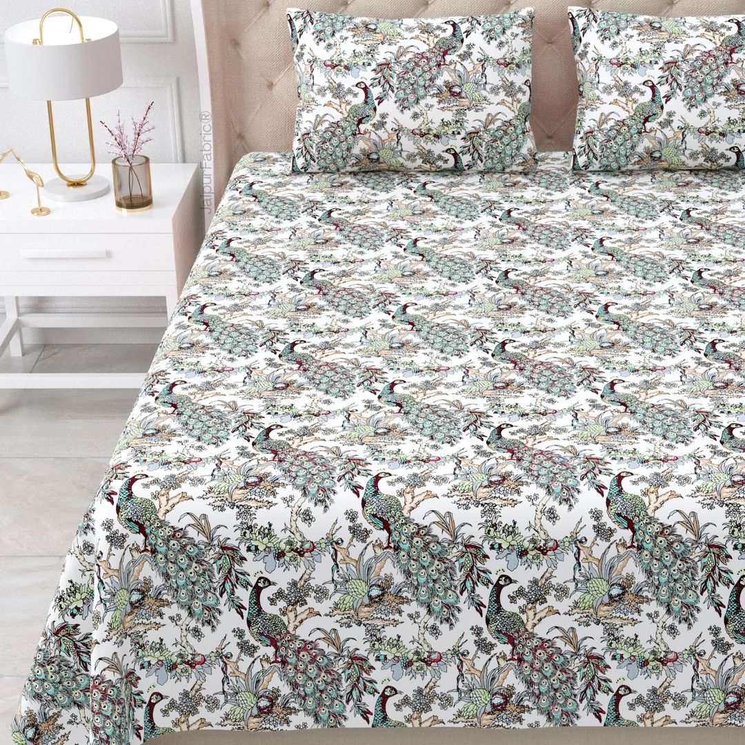 Mayura Royal Feather Mint Garden Pure Cotton King Size Bedsheet