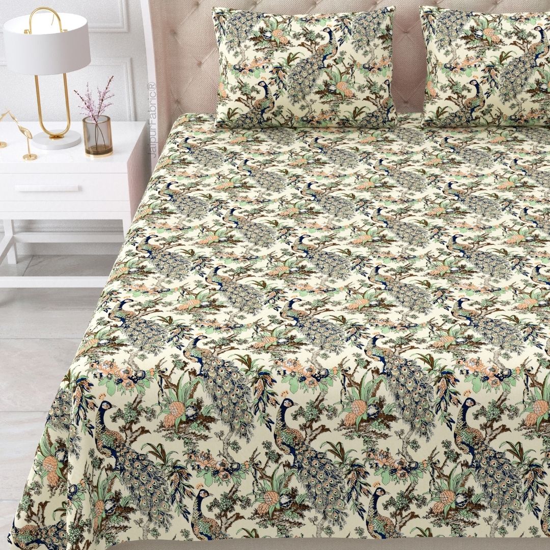 Mayura Royal Feather Beige Bloom Pure Cotton King Size Bedsheet