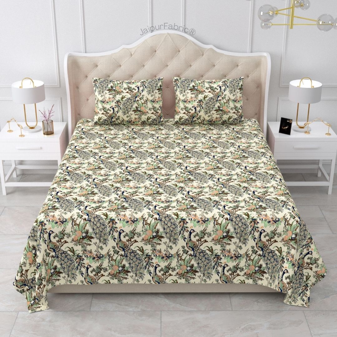 Mayura Royal Feather Beige Bloom Pure Cotton King Size Bedsheet