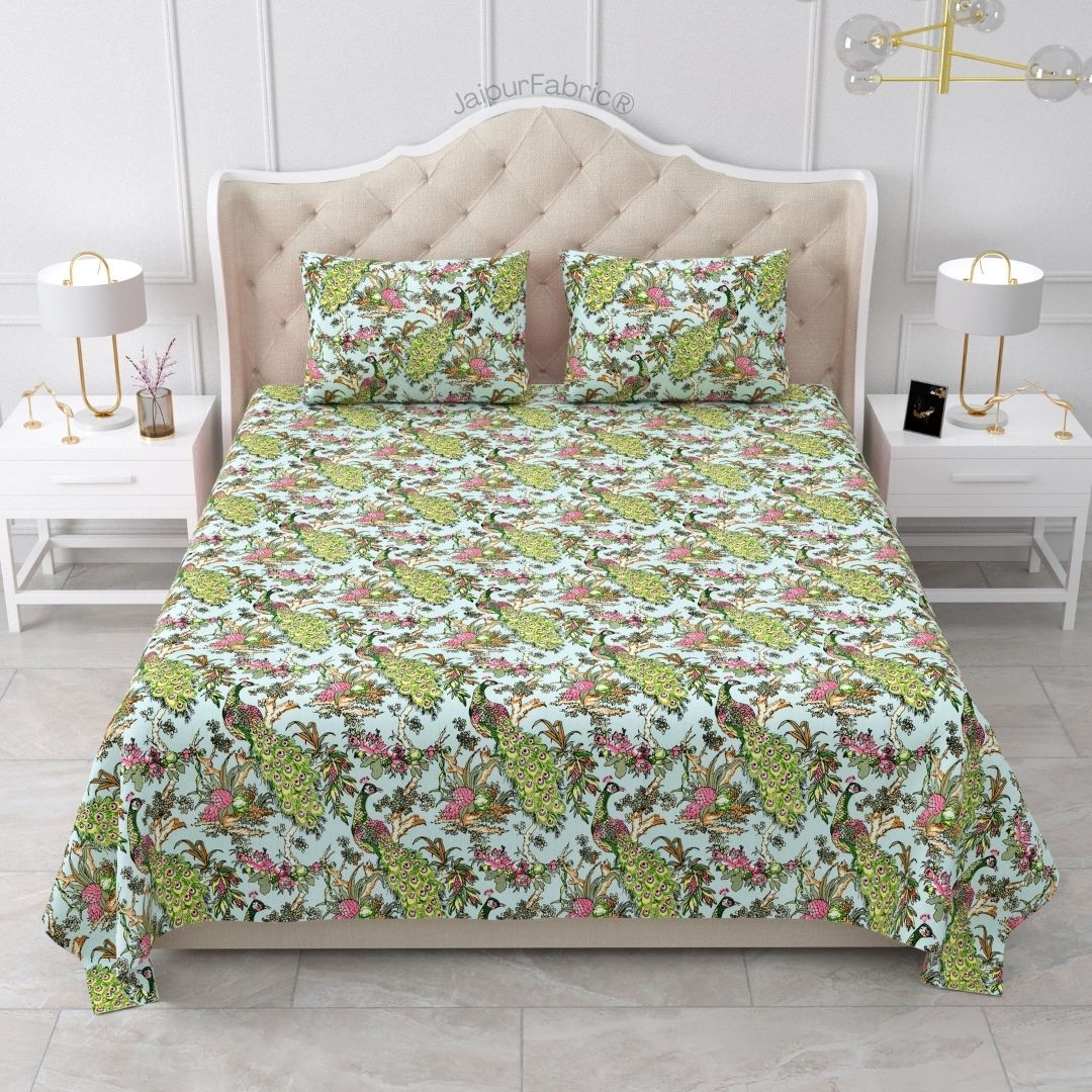 Mayura Royal Feather Aqua Blossom Pure Cotton King Size Bedsheet