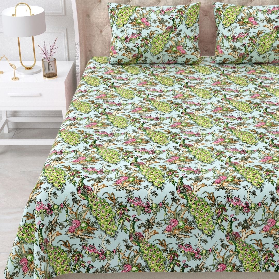 Mayura Royal Feather Aqua Blossom Pure Cotton King Size Bedsheet
