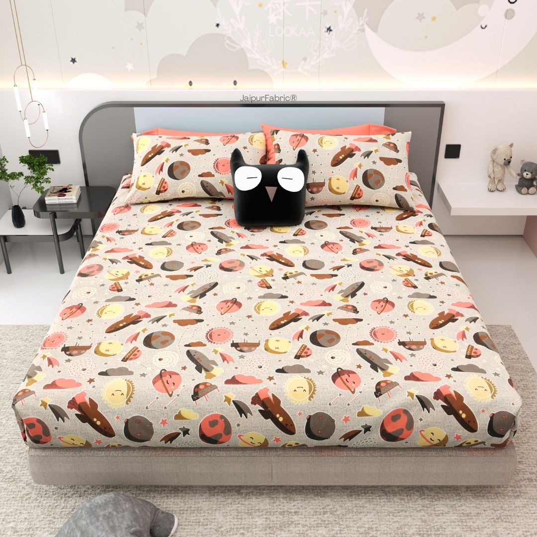 Future Astronaut Beige Soft Cotton Kids Bed Sheet Combo of 2
