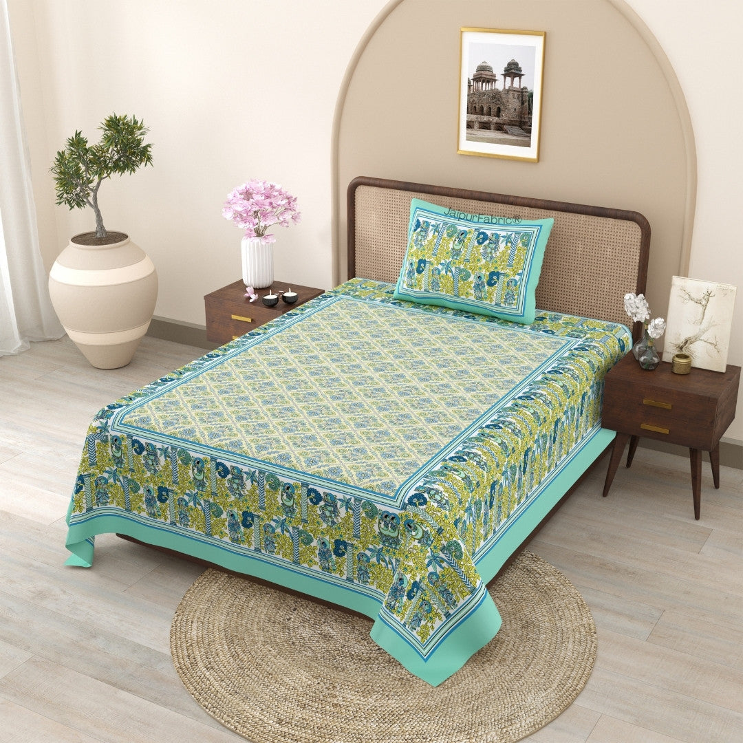 Pattachitra collection Seafoam Green and Yellow Single Bedsheet