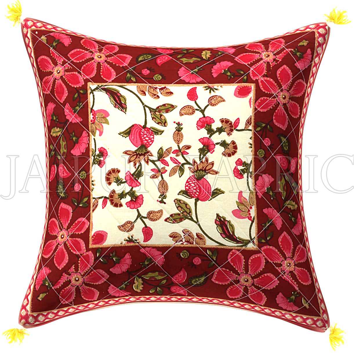 Maroon Base Pink Flower Pattern Cotton Cushion Cover