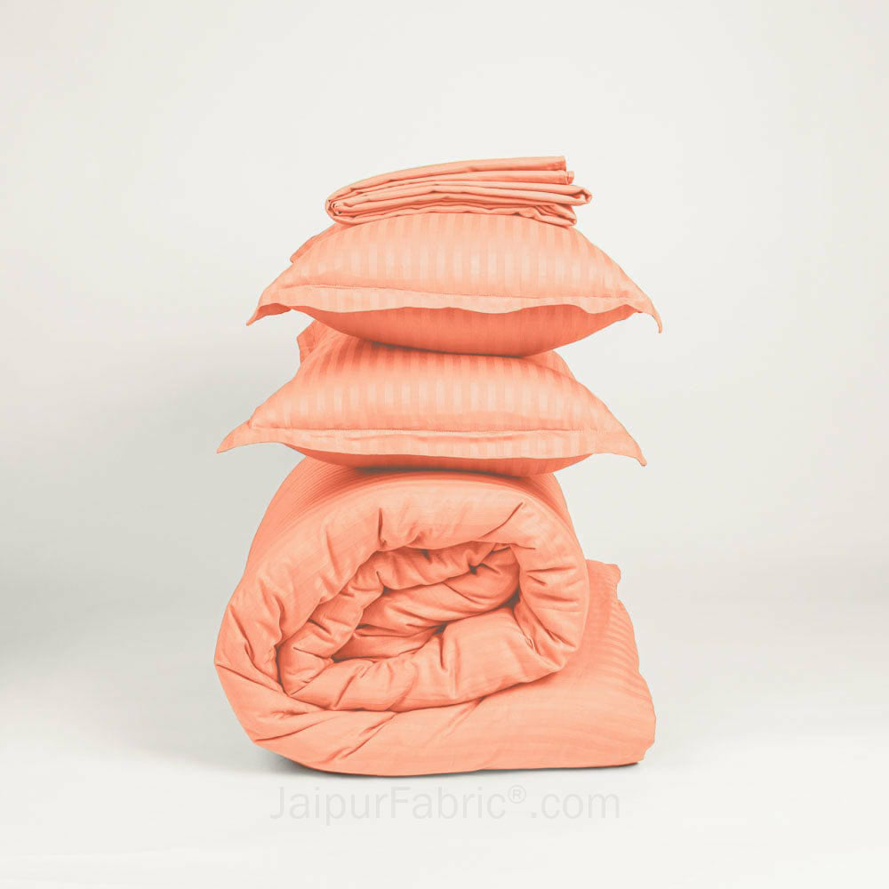 Awesome Light Peach Satin Stripes Matching Bedsheet and Comforter SET of 4 Bed in a Bag