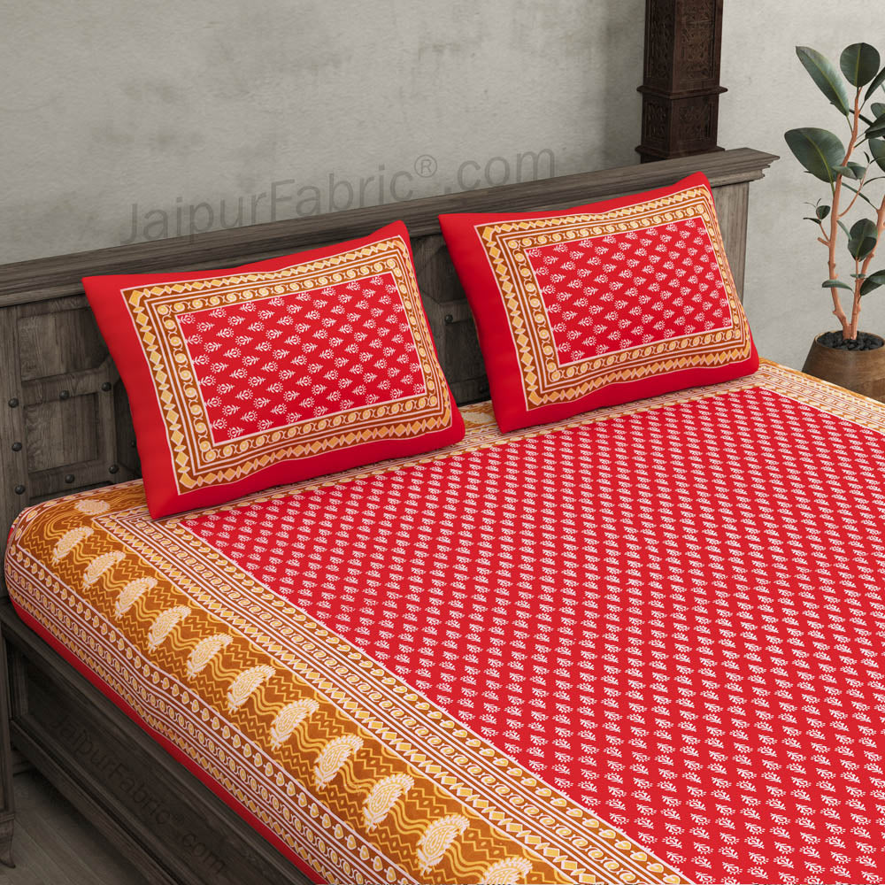 Crimson Border Floral Pattern Screen Print Cotton Double Bed Sheet