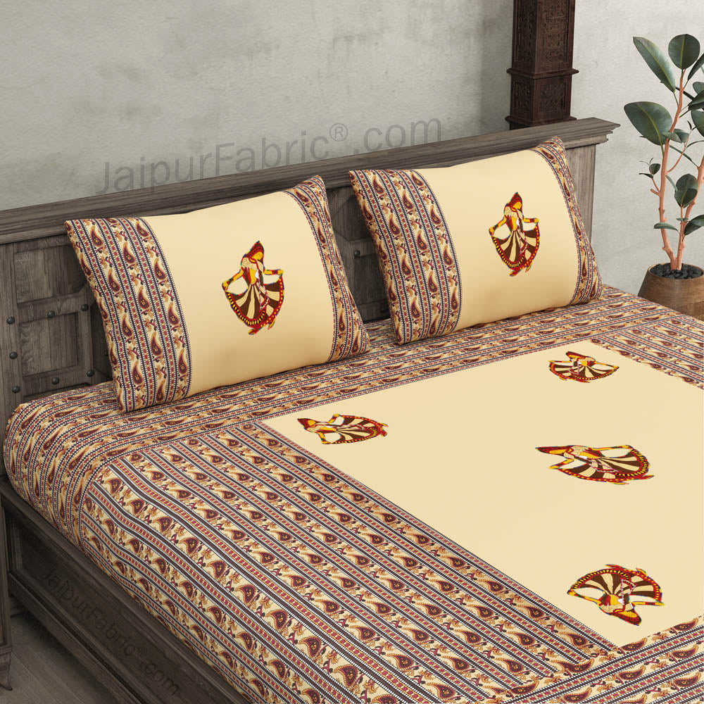 Applique Cream Gujri Jaipuri Hand Made Embroidery Patch Work Double Bedsheet