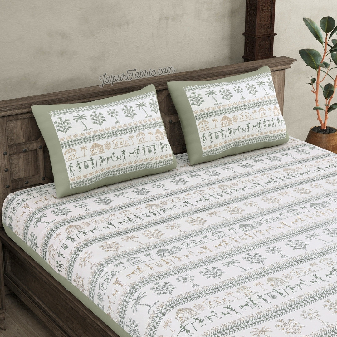 Bedsheet.com® Urban Tribals Mint Green Super King Size 10 Feet Wide Premium Cotton Bed Sheet
