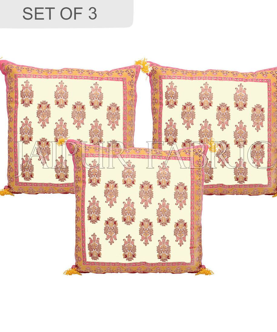 Cream Base with Orange Border Rajasthani Kalash Design Cotton Cushion Cover