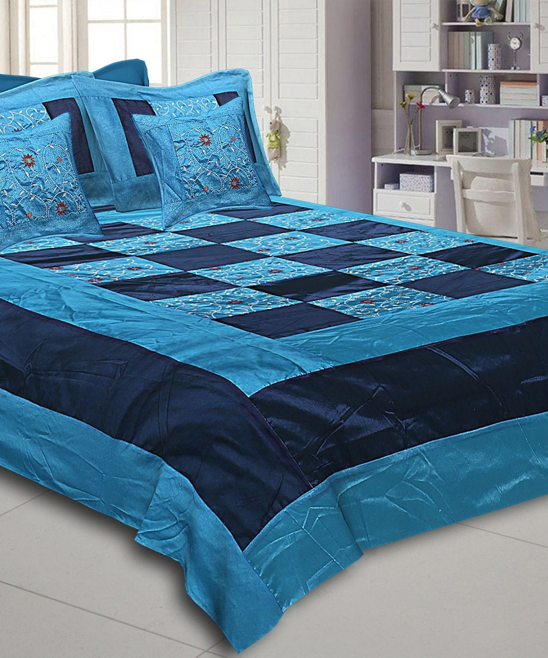Blue And Firozi Color Check With Embroidery Silk festive Double Bed sheet