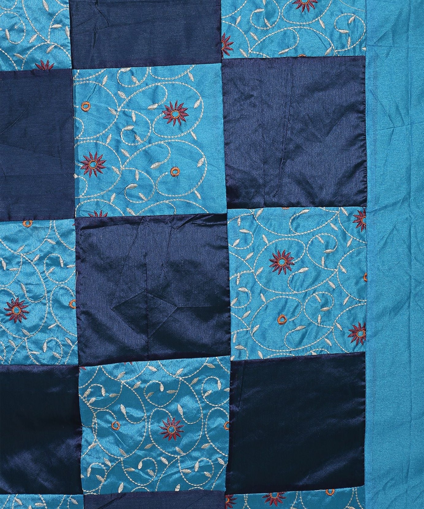 Blue And Firozi Color Check With Embroidery Silk festive Double Bed sheet