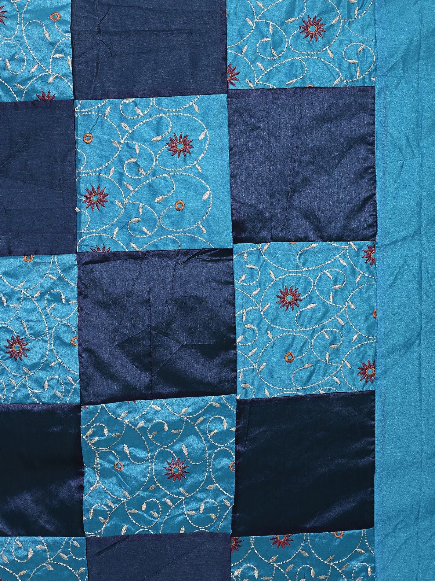 Blue And Firozi Color Check With Embroidery Silk festive Double Bed sheet