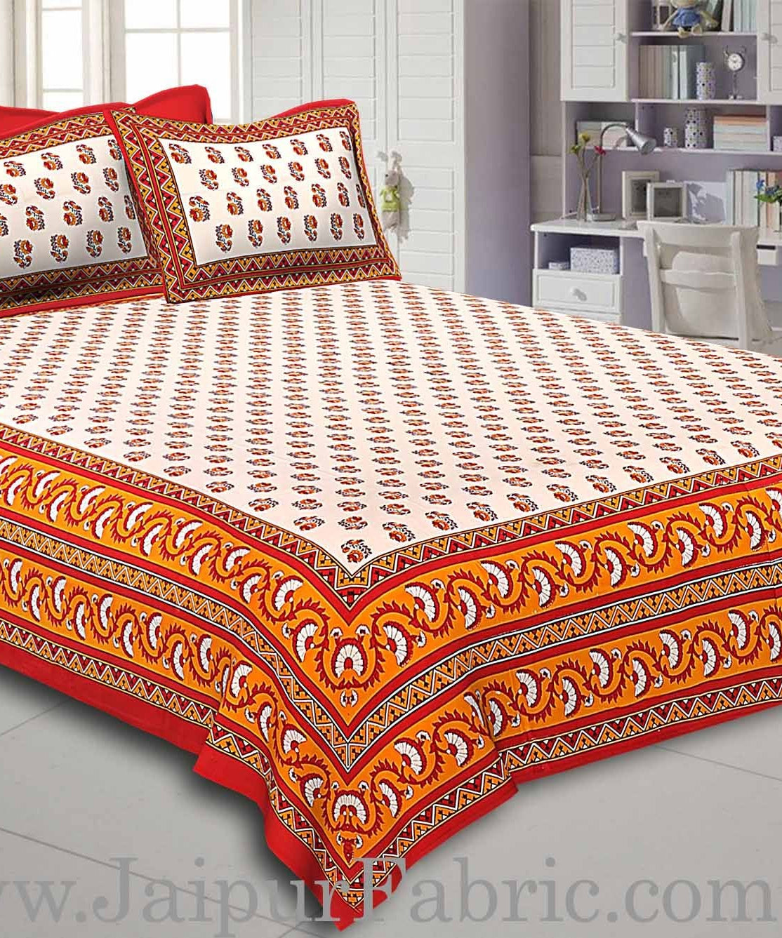 Maroon Border with Bell And Floral Cotton Double Bedsheet