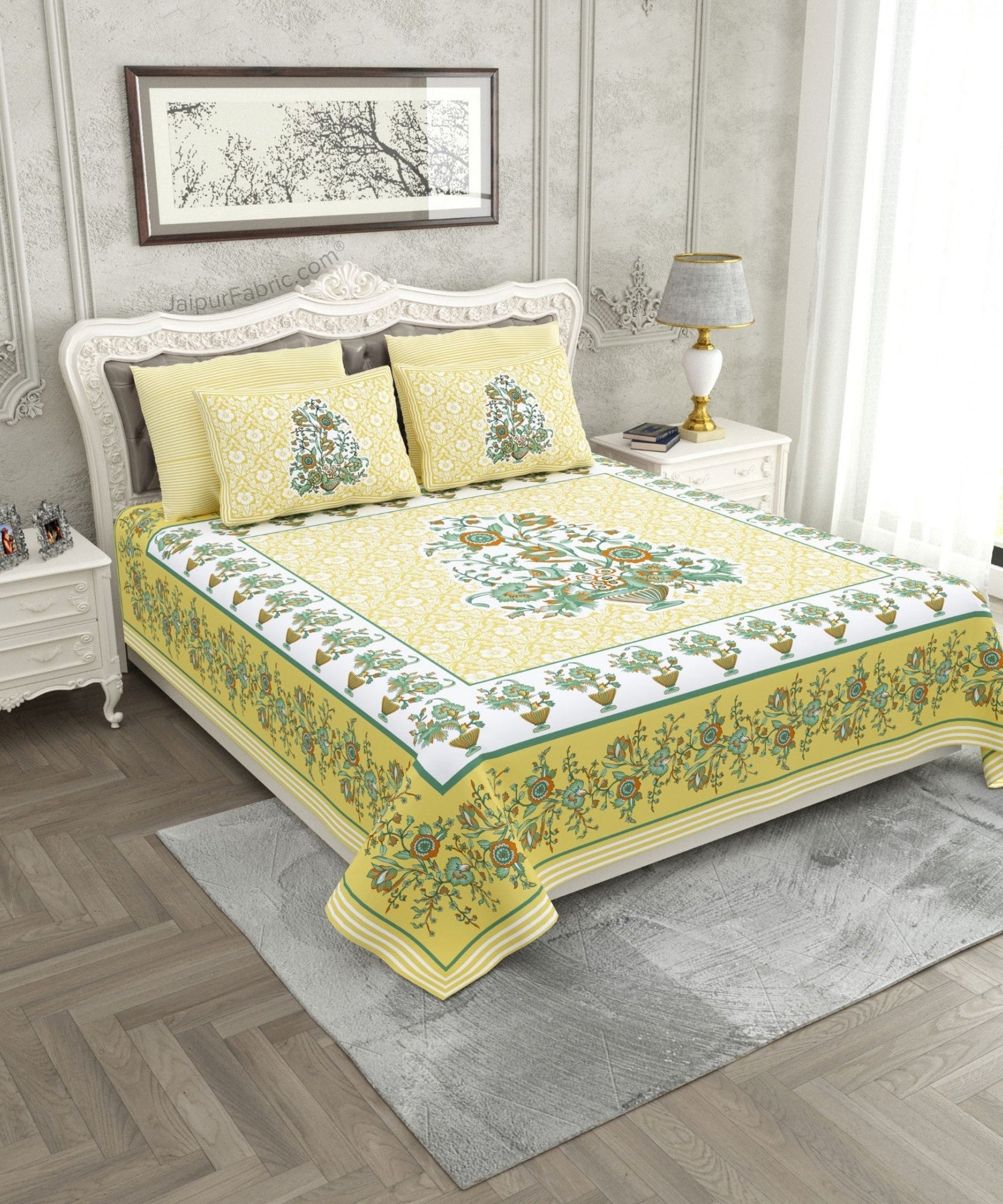 Jaipuri Gamla Lemon Yellow Cotton King Size Bedsheet