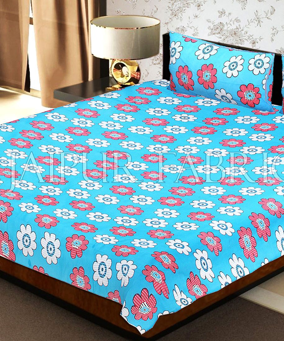 Blue Base Dotted Flower Print Double Bed Sheet