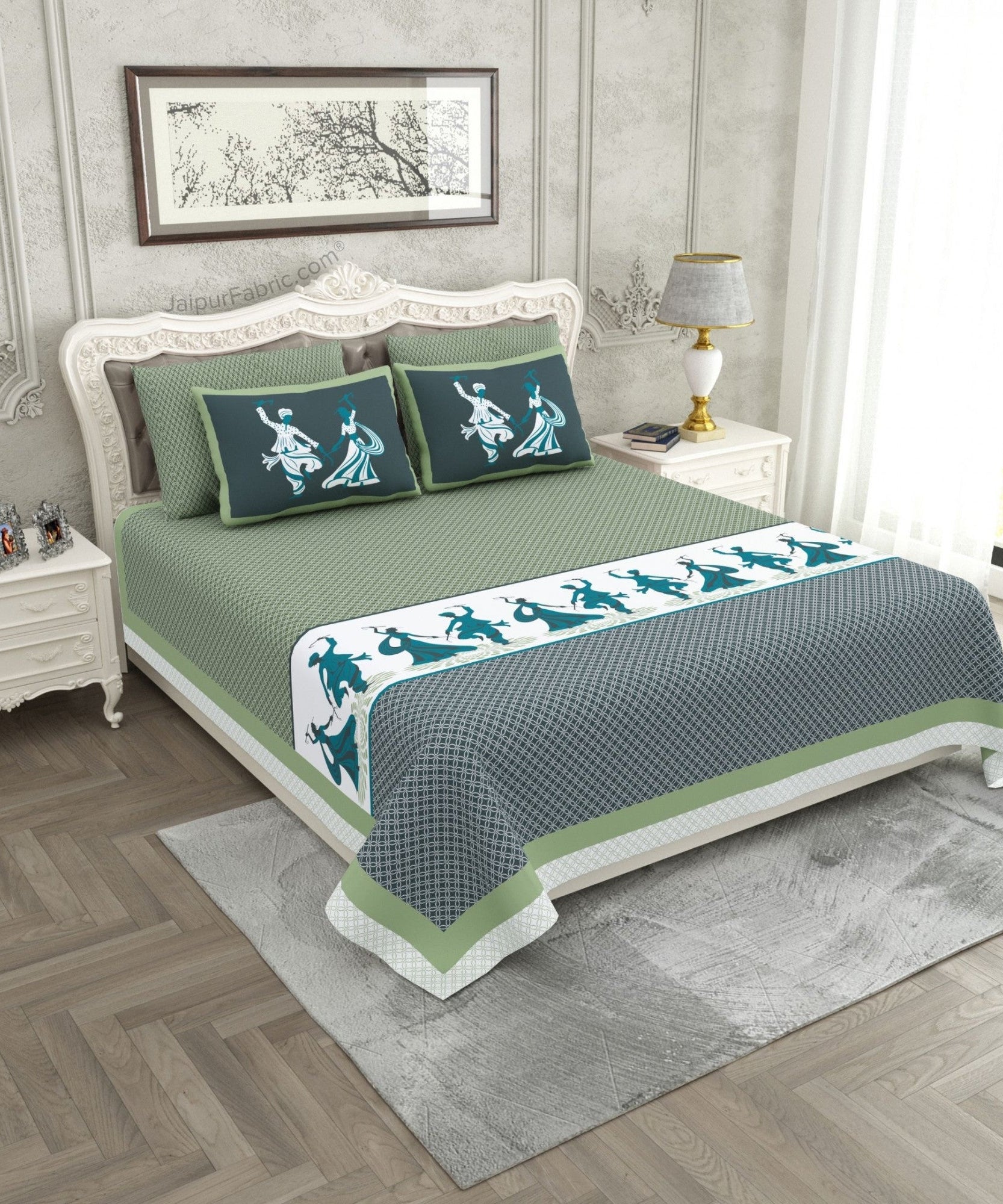 Divine Dance Green Cotton King Size Bedsheet