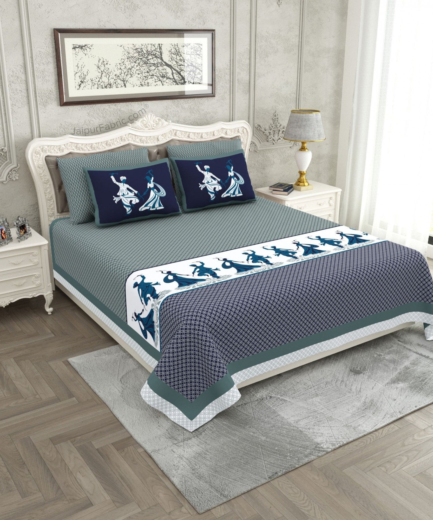 Divine Dance Blue Cotton King Size Bedsheet