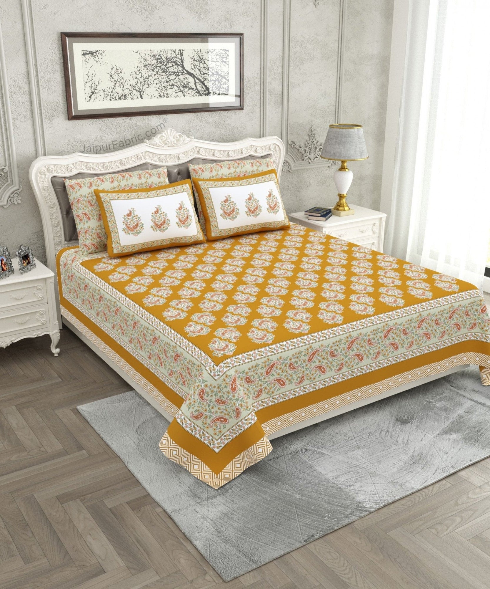 Ethnic Glow Mustard Cotton King Size Bedsheet