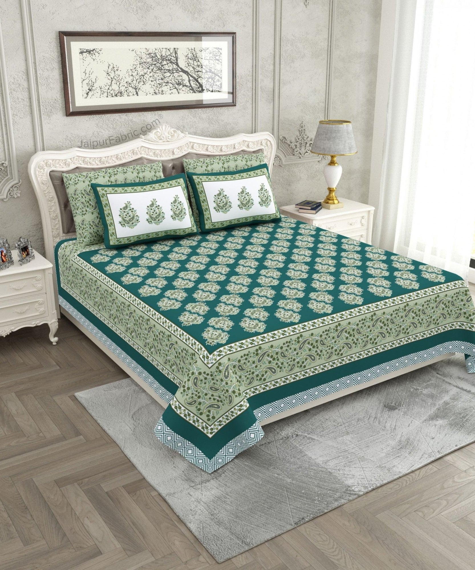 Ethnic Glow Green Cotton King Size Bedsheet