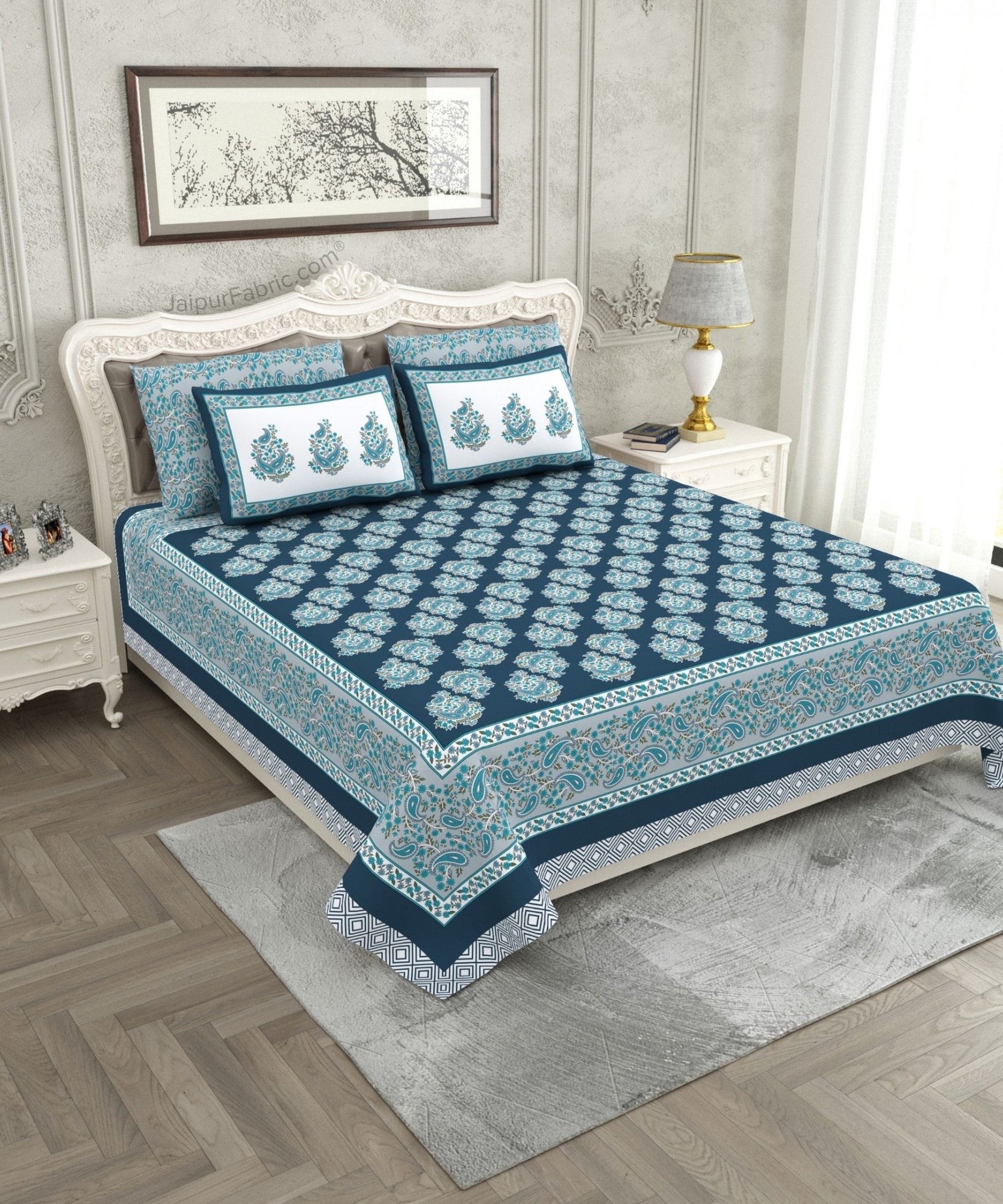 Ethnic Glow Blue Cotton King Size Bedsheet