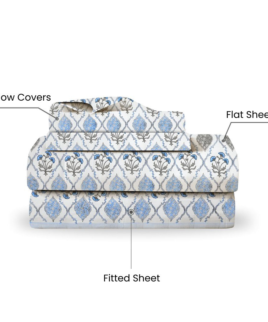 Ultra Luxe Bloom King Size Bedsheet Set  Blue & Grey | 400 TC Pure Cotton (Set of 4)